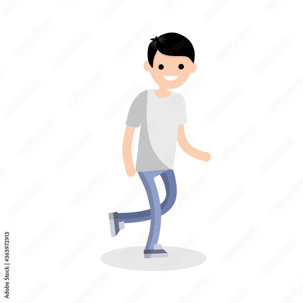 Young adult man in white t-shirt and blue jeans. Regular guy. ordinary boy running. Active motion and lifestyle. Cartoon flat illustration Young adult man in white t-shirt and blue jeans. Regular guy. ordinary boy running. Active motion and lifestyle. Cartoon flat illustration