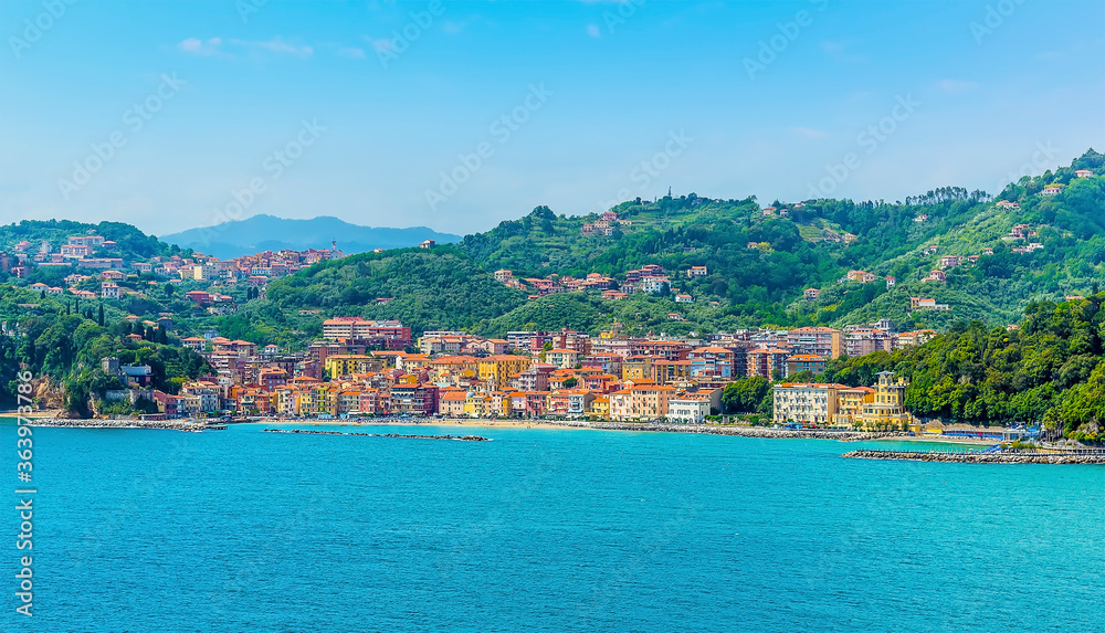 The view from the castle across the Bay of Poets towards San Terenzo at Lerici, Italy in the summertime