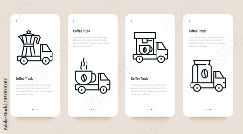 Mobile user interface for street cafe contains coffee truck with thin line icons of coffee machine, coffee maker, bag and beans. Coffee delivery, takeaway. Vector illustration.