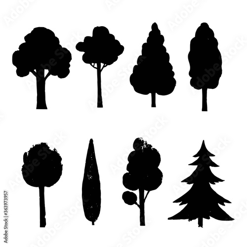 Set of black shapes of trees. Vector illustration. 