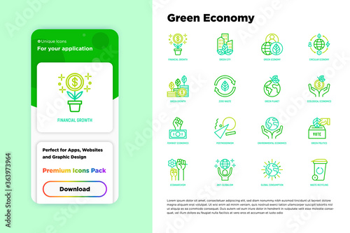 Green economy thin line icons set: financial growth, green city, zero waste, circular economy, green politics, anti-globalism, global consumption. Vector illustration for environmental issues.