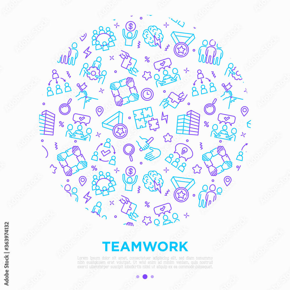 Teamwork concept in circle with thin line icons: relay race, brainstorm, success, meeting, idea share, collaboration, joint project, unity, support, delegation, bonus. Modern vector illustration.
