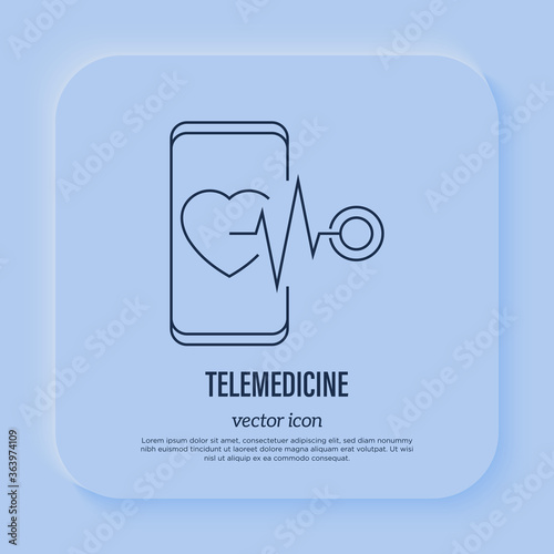 Telemedicine: heartbeat on smartphone screen. Online consultation. Thin line icon. Non-contact diagnostics. Vector illustration.