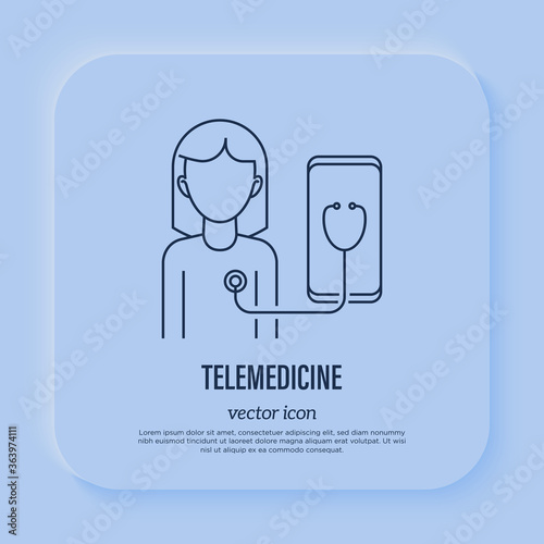 Telemedicine: stethoscope on smartphone screen. Online consultation. Thin line icon. Non-contact diagnostics. Vector illustration.