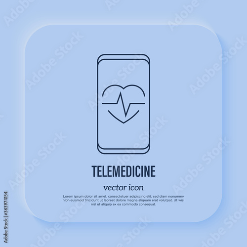 Telemedicine: heartbeat on smartphone screen. Online consultation. Thin line icon. Non-contact diagnostics. Vector illustration.