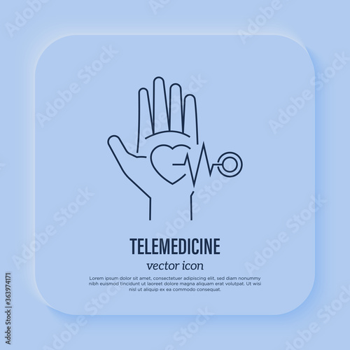 Telemedicine: heartbeat on palm. Online consultation. Thin line icon. Non-contact diagnostics. Vector illustration.