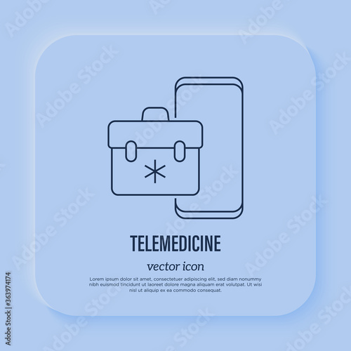 Telemedicine: medical briefcase on smartphone's screen. Online consultation. Thin line icon. Non-contact diagnostics. Vector illustration.