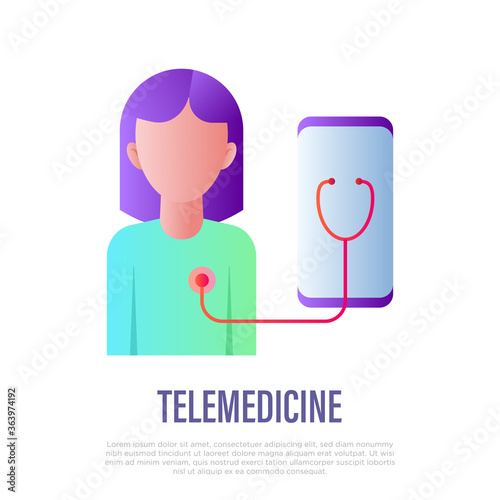 Telemedicine: stethoscope from smartphone screen to woman chest. Online consultation. Gradient icon. Non-contact diagnostics. Vector illustration.