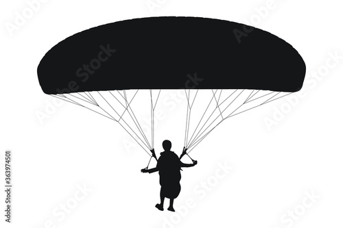 Vector silhouette of parachutist skydiving on parachute from the sky, illustration of skydiver flying on extreme air adventure sport