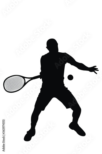 Vector silhouette of a tennis player in a ball game at a professional sports tournament, illustration of a male athlete smashing the ball with racket © Alabady