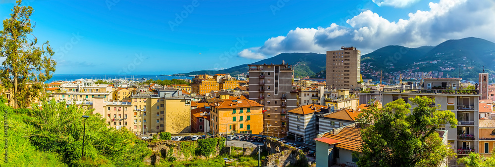 A panorama view from the castle over the roof tops in La Spezia, Italy in the summertime