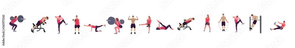 Man and woman gym set. Workout flat illustration collection - Vector