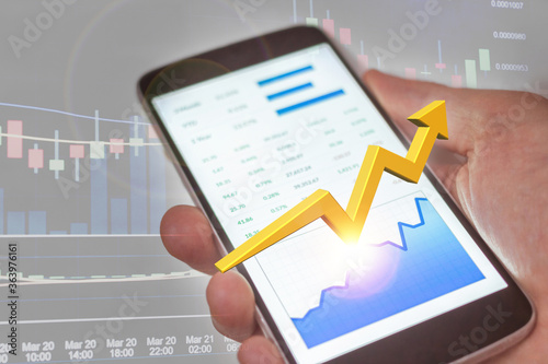 Mobile device stock market success with rising bull trend. Financial freedom.