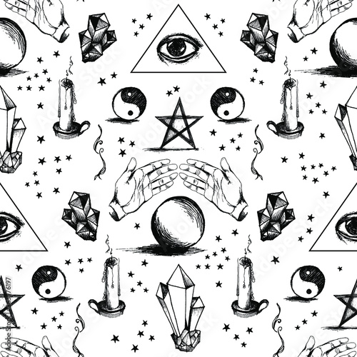 Hand drawn fortune tellers tools seamless pattern with esoteric and magical stuff in black and white