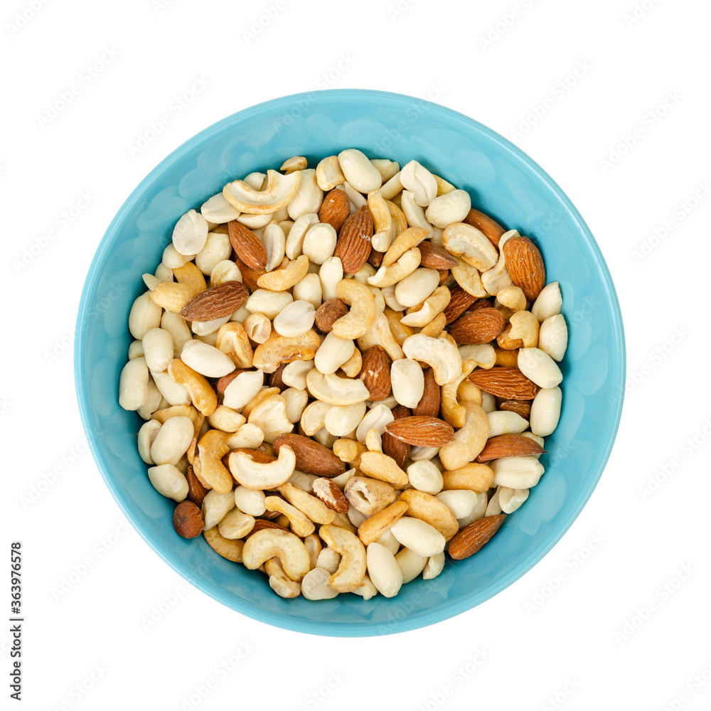 Mix of different nuts in blue bowl.