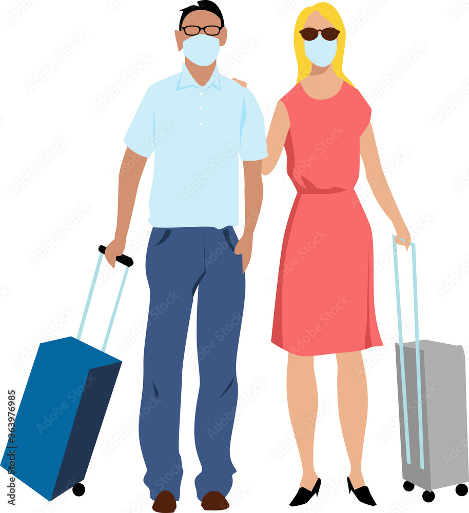Traveling couple with suitcases, wearing protective face masks, EPS 8 vector illustration Traveling couple with suitcases, wearing protective face masks, EPS 8 vector illustration