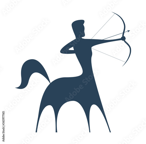 Dark blue zodiac sign Sagittarius with a silhouette image of a half man, half horse with a bow and arrow. A man aims and pulls a bowstring. Illustration of an astrology sign. Vector icon