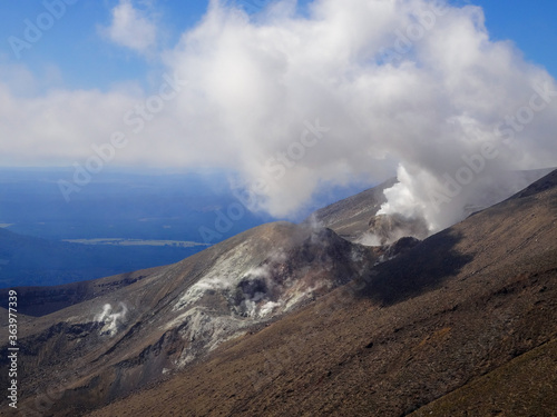 A hike through an active volcano in Tongariro Alpine Crossing, Tongariro National Park, New Zealand. Smoke arising from a volcanic vent.