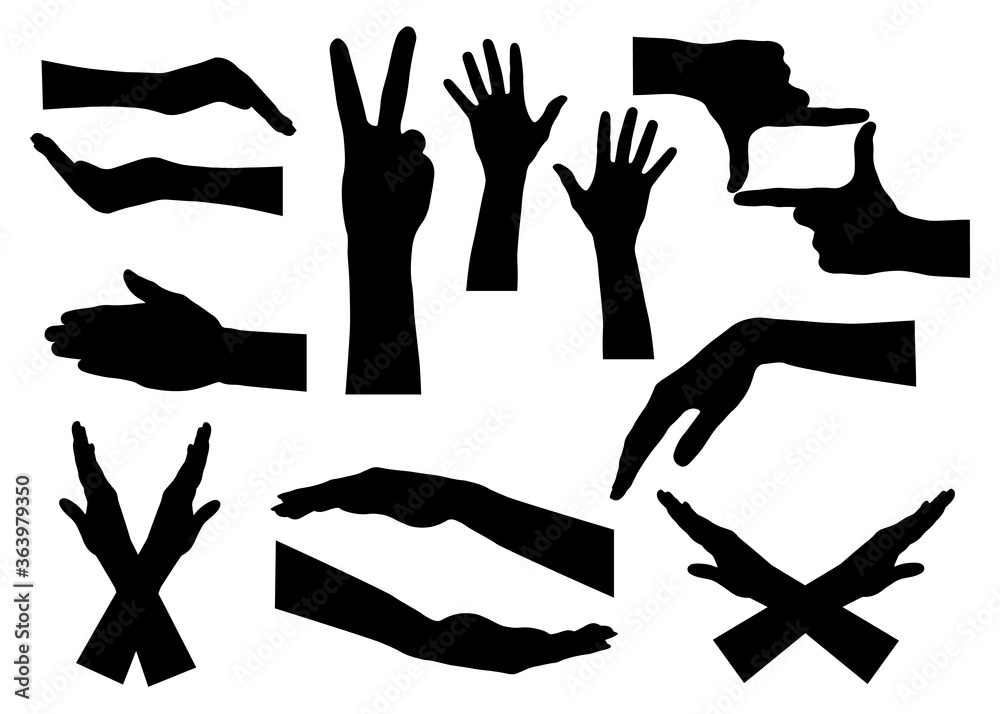 Hands in the set, gestures. Hand care, denial, handshake, take pictures, super. Vector image. Hands in the set, gestures. Hand care, denial, handshake, take pictures, super. Vector image.