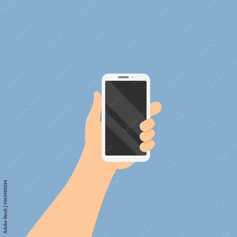 Hand holding mobile phone. Smartphone in hand. Flat cartoon style. Vector illustration	