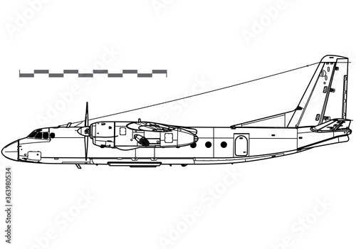 Antonov An-24 Coke. Vector drawing of military transport aircraft. Side view. Image for illustration and infographics.