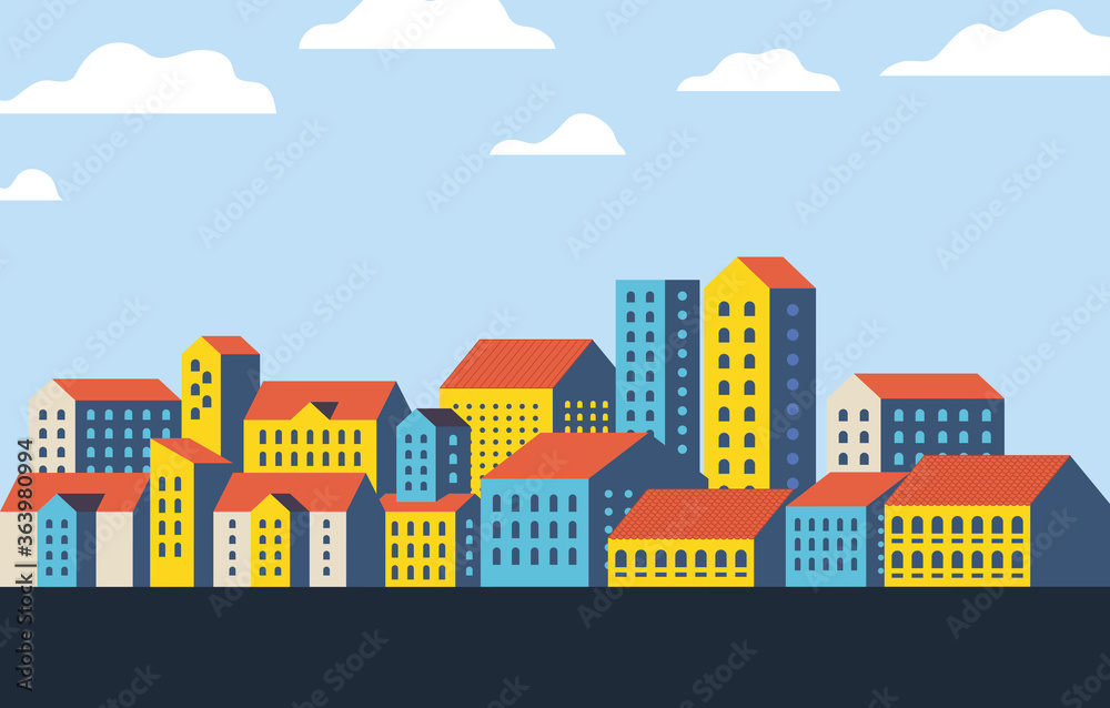 Yellow blue and pink city buildings landscape with clouds design, Abstract geometric architecture and urban theme illustration