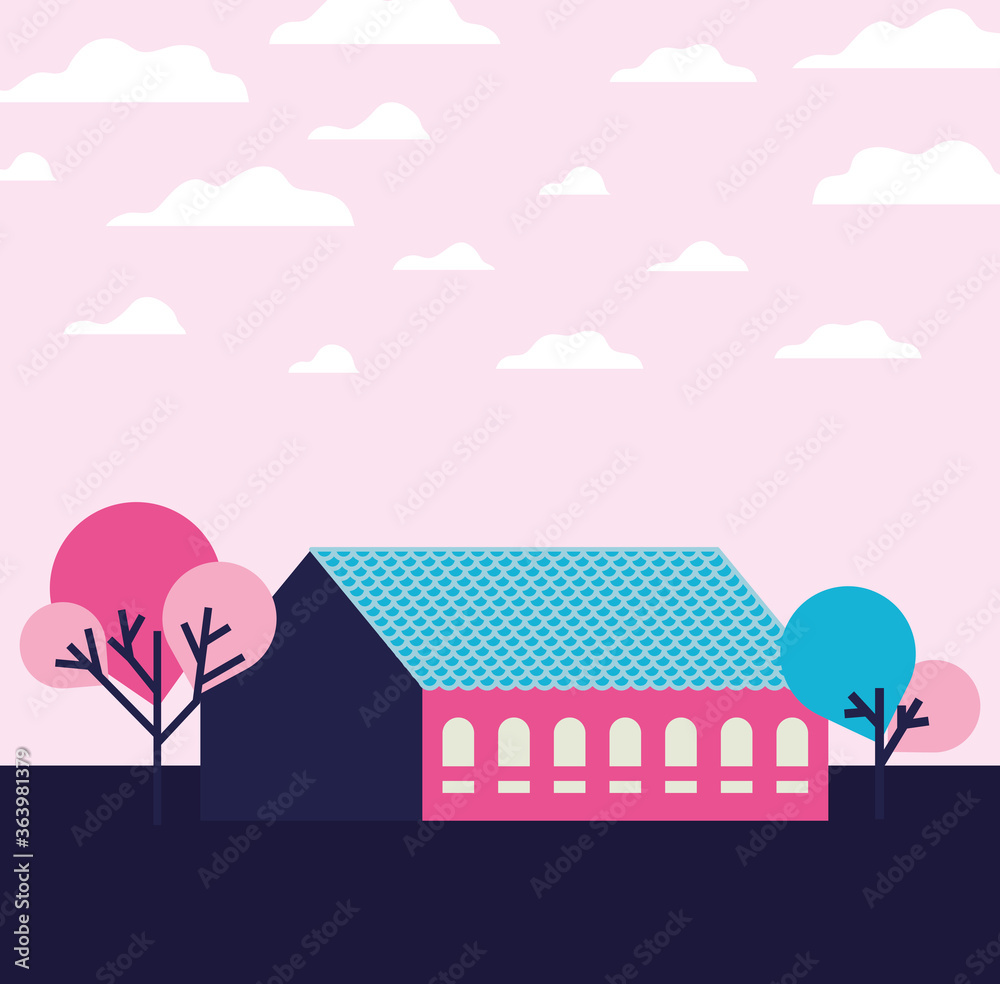 pink city building landscape with clouds and trees design, Abstract geometric architecture and urban theme illustration