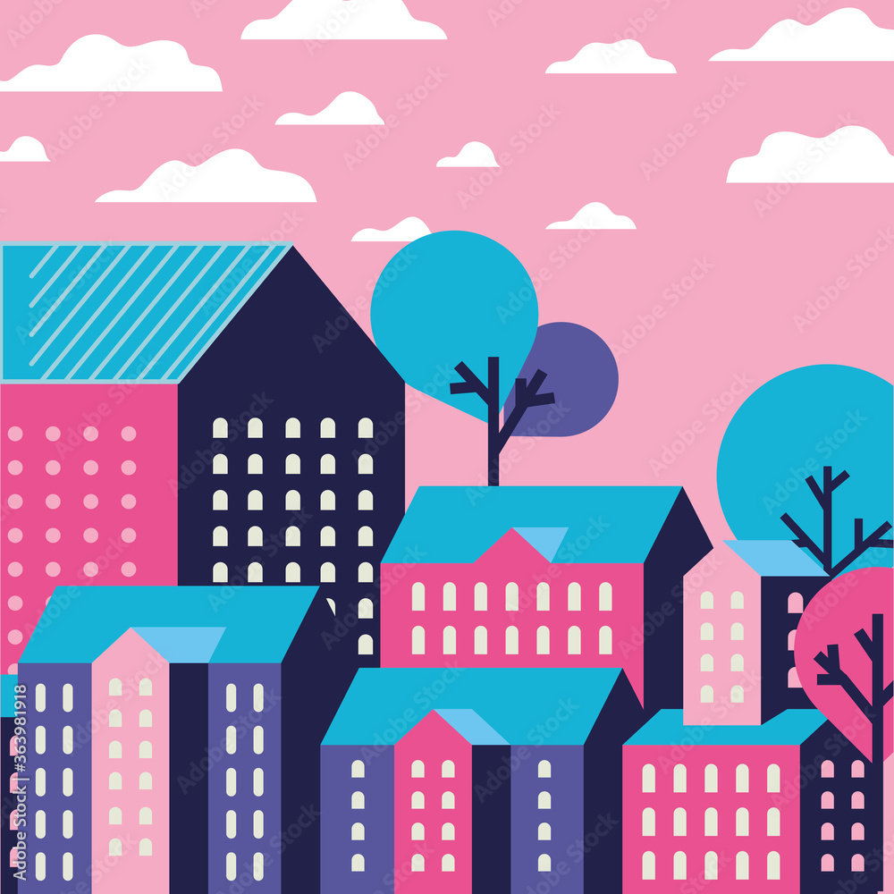 Purple blue and pink city buildings landscape with clouds and trees design, Abstract geometric architecture and urban theme illustration