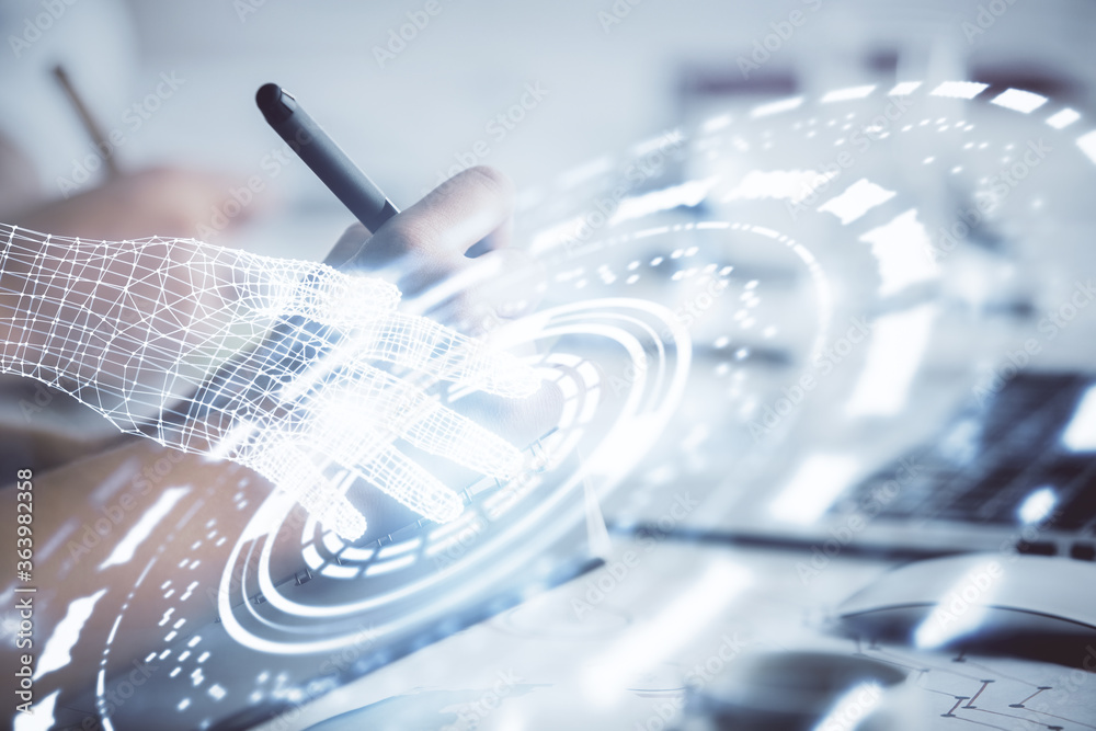 Double exposure of data theme sketch drawing over people writing background. Concept of technology Double exposure of data theme sketch drawing over people writing background. Concept of technology