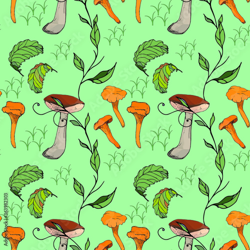 Mushrooms edible vegetarian organic mushrooms seamless pattern, vector illustration. Chanterelles, boletus, orange-cap boletus mushrooms.