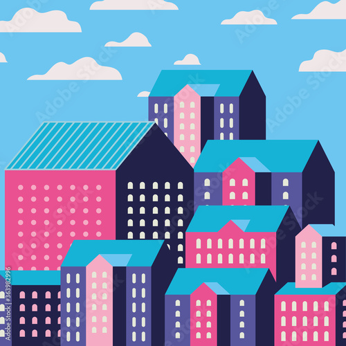 Fototapeta Naklejka Na Ścianę i Meble -  Purple blue and pink city buildings landscape with clouds design, Abstract geometric architecture and urban theme illustration