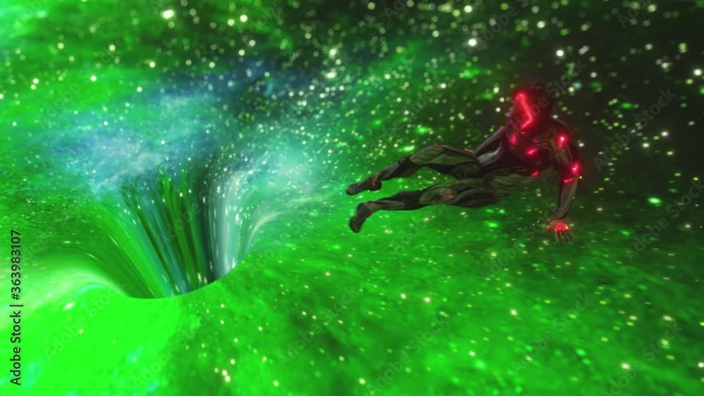 Abstract composition with black hole concept. An alien character is drawn into a black hole with a moving cosmic texture. Seamless loop 3d render