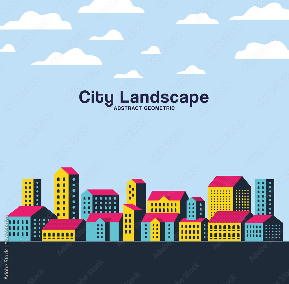 Yellow blue and pink city buildings landscape with clouds design, Abstract geometric architecture and urban theme illustration