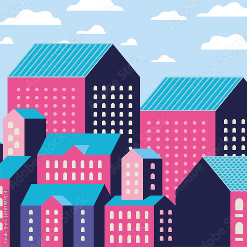 Purple blue and pink city buildings landscape with clouds design  Abstract geometric architecture and urban theme illustration
