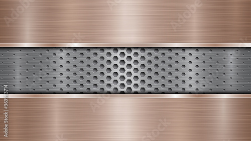 Background of silver perforated metallic surface with holes and two horizontal bronze polished plates with a metal texture, glares and shiny edges
