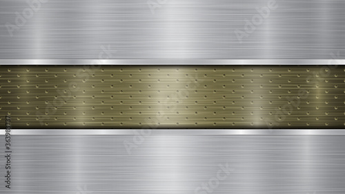 Background of golden perforated metallic surface with holes and two silver horizontal polished plates with a metal texture, glares and shiny edges