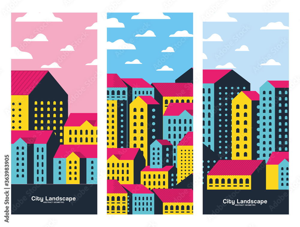 Yellow blue and pink city buildings landscape with clouds frames design, Abstract geometric architecture and urban theme illustration