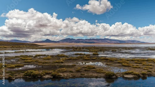 Zoom in timelapse view of Salar de Chalviri lake in the Eduardo Avaroa Andean Fauna National Reserve in Bolivia, South America. photo