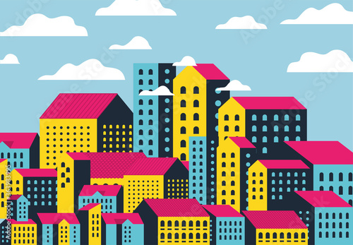 Yellow blue and pink city buildings landscape with clouds design  Abstract geometric architecture and urban theme illustration