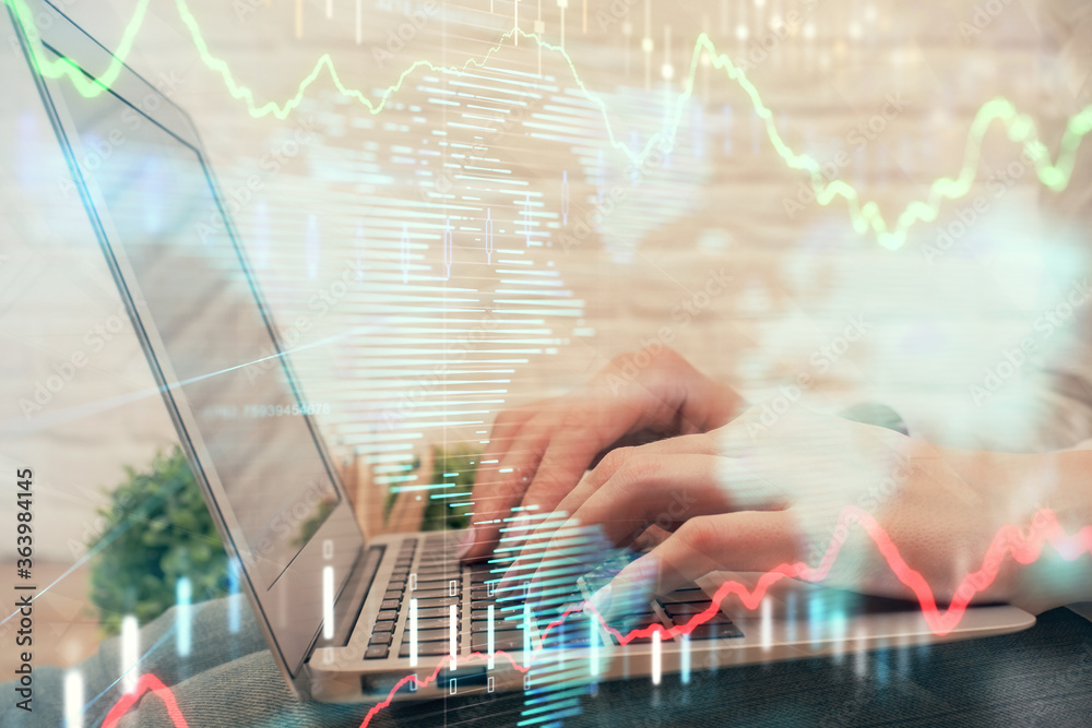Double exposure of woman hands typing on computer and forex chart hologram drawing. Stock market analysis concept. Double exposure of woman hands typing on computer and forex chart hologram drawing. Stock market analysis concept.