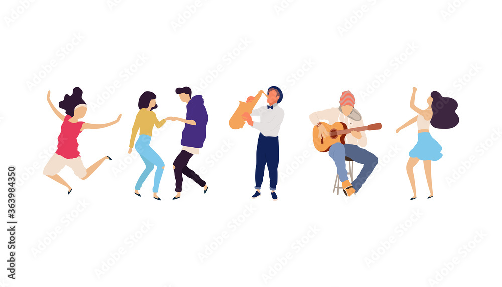 Dancing people vector isolated illustration. Musicians flat illustration