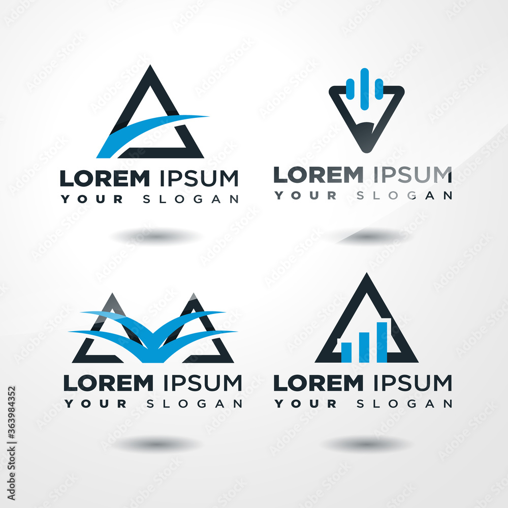 collection of concepts of logo design from the triangle shape and a combination of other shapes. business symbol of a large, clean, mature company. including triangles, pencils, straight lines. collection of concepts of logo design from the triangle shape and a combination of other shapes. business symbol of a large, clean, mature company. including triangles, pencils, straight lines.