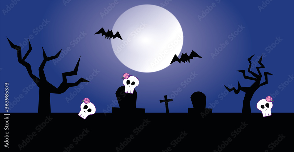 Black silhouettes of tombstones, crosses and gravestones with skulls in a full moon background. Elements of cemetery. Halloween illustration. Black silhouettes of tombstones, crosses and gravestones with skulls in a full moon background. Elements of cemetery. Halloween illustration.