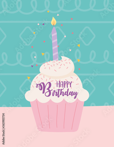 happy birthday, cupcake with burning candle confetti decoration celebration party