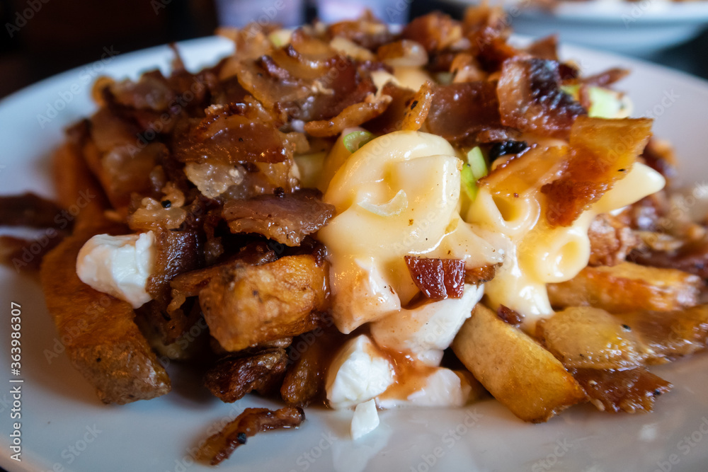 View of a dish with Poutine (french fries, cheese curds, brown gravy) View of a dish with Poutine (french fries, cheese curds, brown gravy)