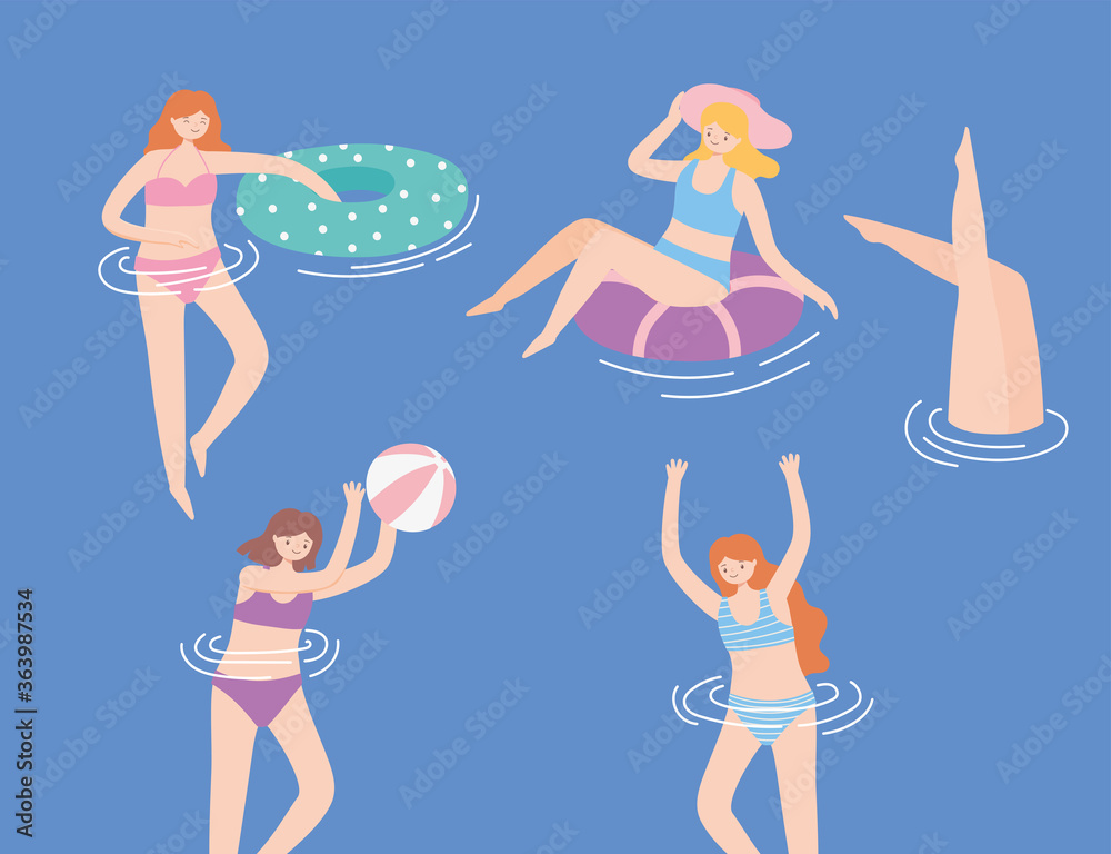 women swimming in swimwear, lying on floating inflatable, playing ball
