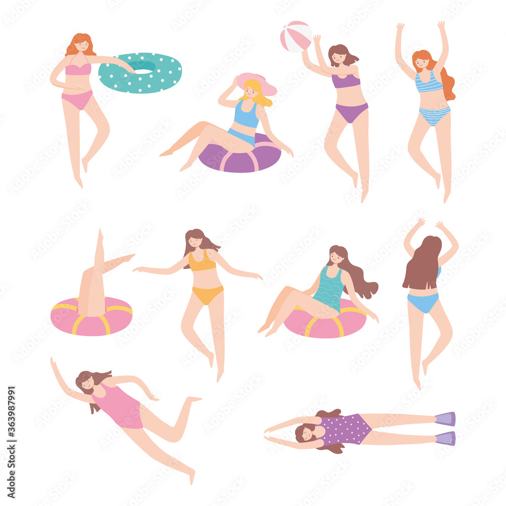 people dressed in swimwear relaxing and floating on inflatable with ball
