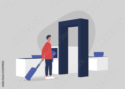 Young male character passing a security control at the airport, travel concept, millennial lifestyle
