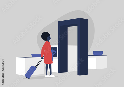 Young black female character passing a security control at the airport, travel concept, millennial lifestyle