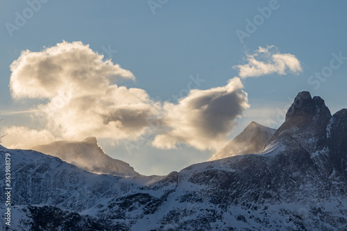 Andalsnes mountain landscape. Norwegian famous landscape. Andalsnes is located at the mouth of the river Rauma  at the shores of the Romsdalsfjord.
